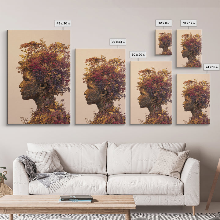 Botanical African Woman Portrait Wall Art, Afrocentric Floral Black Beauty Art, Earth Tone Living Room Decor, Housewarming Gift
