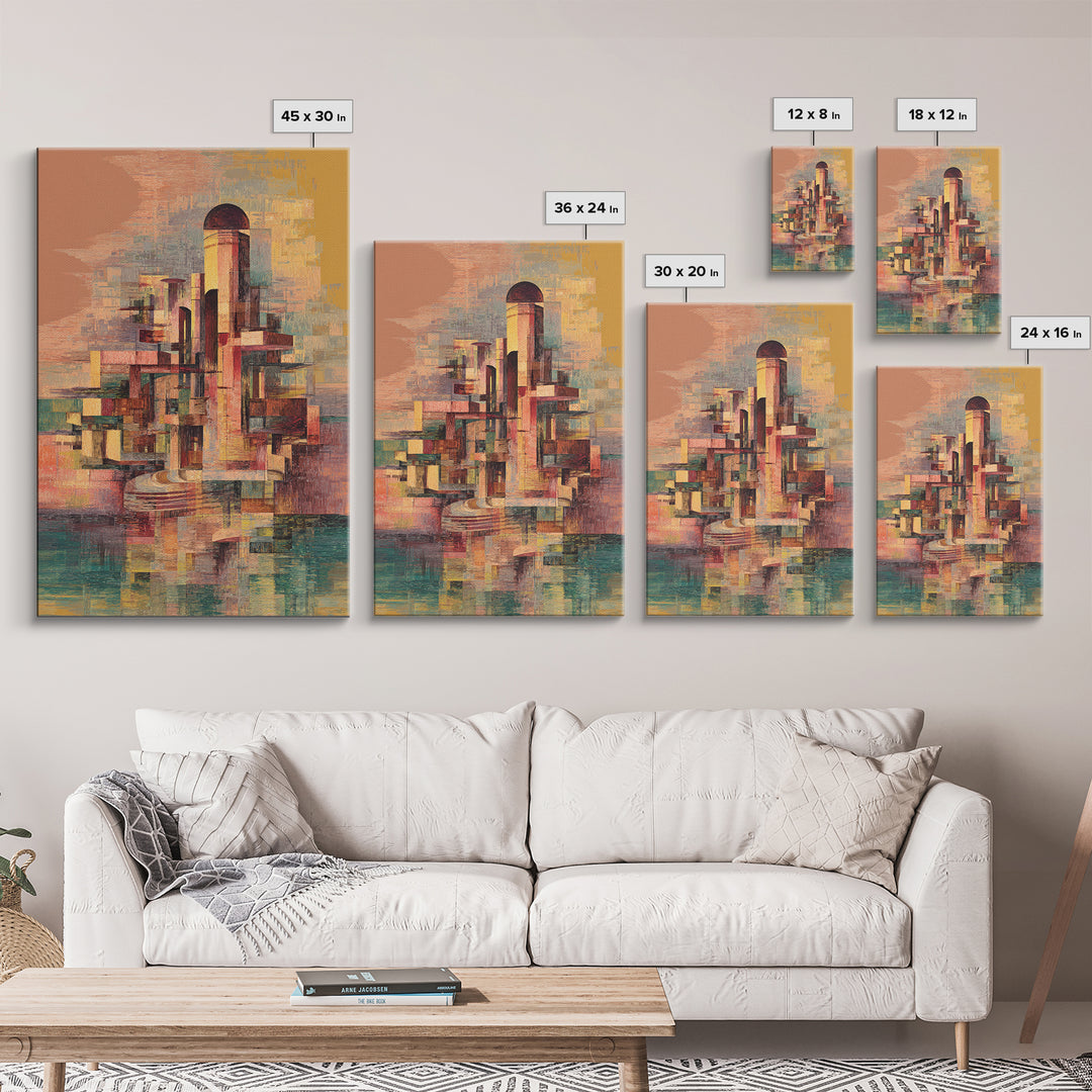 Abstract Futurist Tower City Canvas Print, Modern Geometric Architecture Art, Terracotta Teal Statement Wall Decor Gift For Him