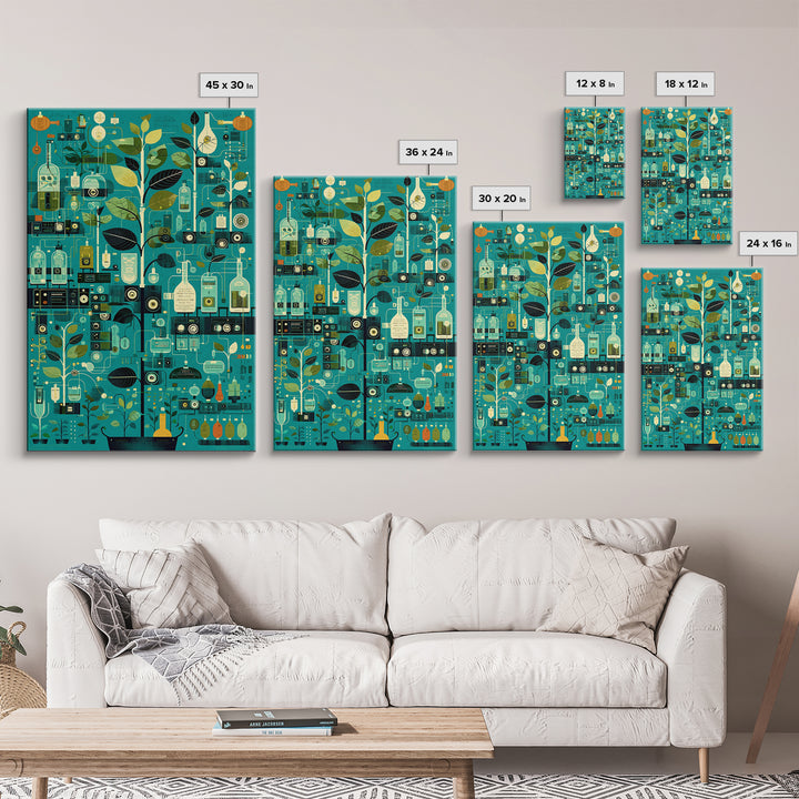 Botanical Science Laboratory Wall Art, Teal Green Plant Illustration, Modern Digital Art For Office Decor And Unique Gift