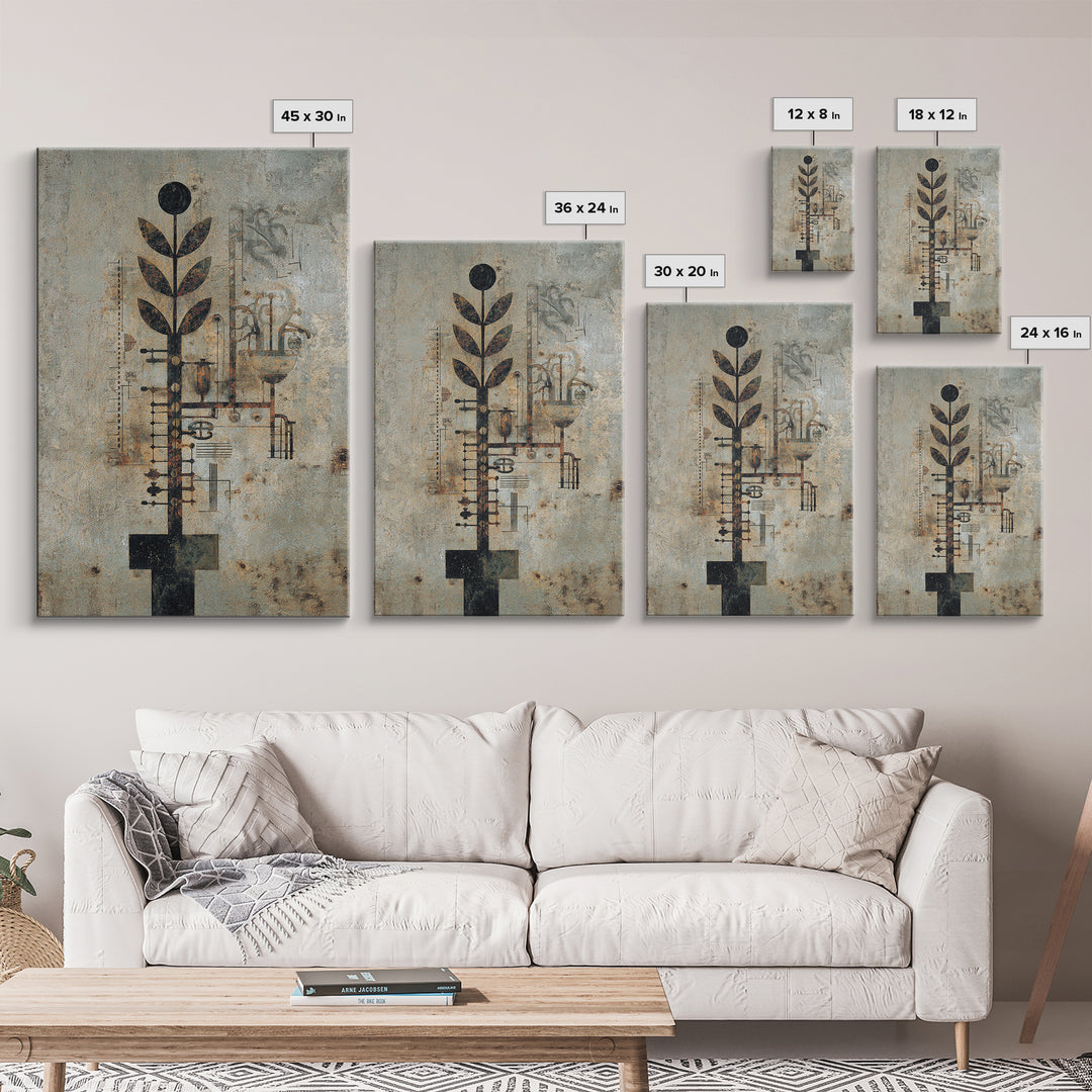 Rustic Industrial Botanical Wall Art, Abstract Plant Machinery Painting, Earth Tone Textured Art Print For Modern Office Decor