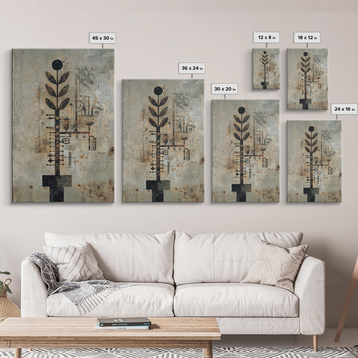 Rustic Industrial Botanical Wall Art, Abstract Plant Machinery Painting, Earth Tone Textured Art Print For Modern Office Decor