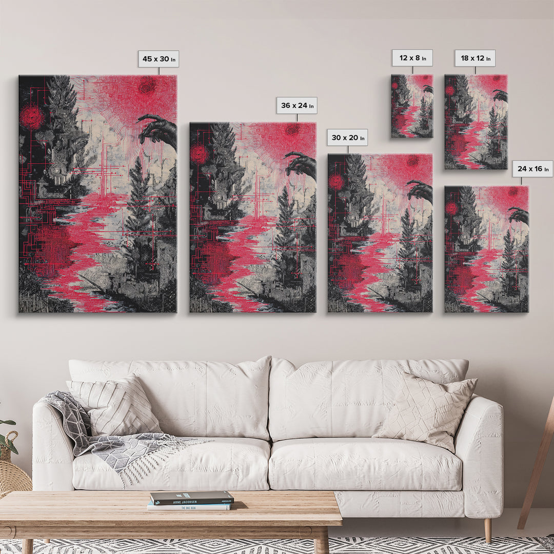 Surreal Red And Black Landscape Canvas Print, Mystical Abstract Art, Gothic Nature Scene Art For Bold Modern Wall Decor Gift