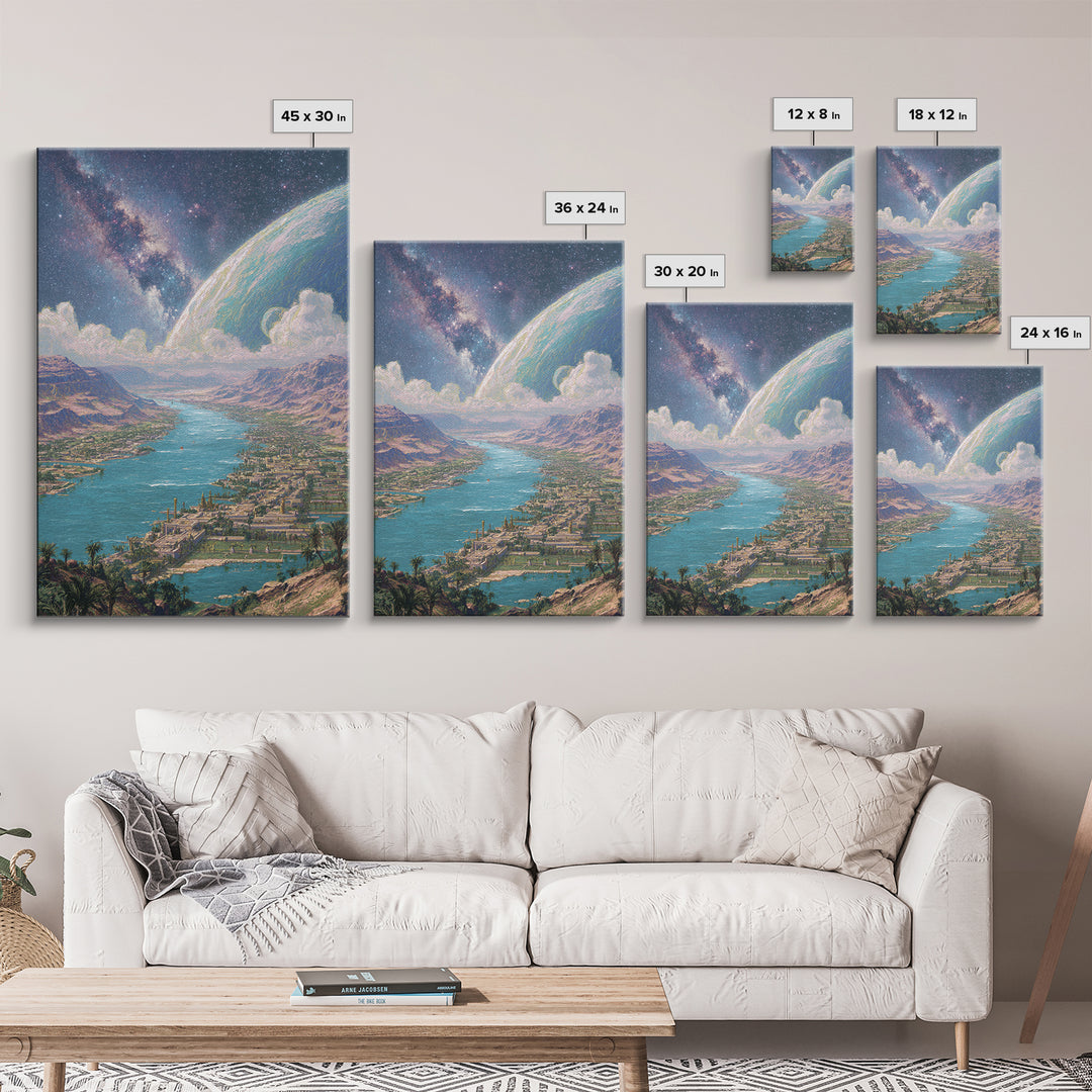 Cosmic River Valley Planet Canvas Print, Dreamy Sci Fi Landscape Art, Large Wall Art For Living Room Statement Decor And Gift