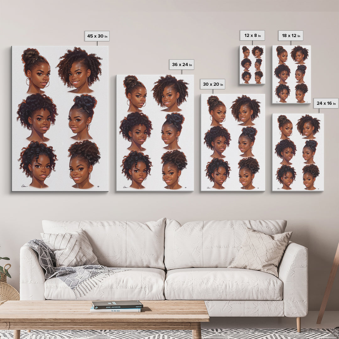 Six Black Women Hairstyle Portraits Wall Art, Afrocentric Beauty Print, Black Girl Magic Decor, Melanin Gift For Her, Home Decor