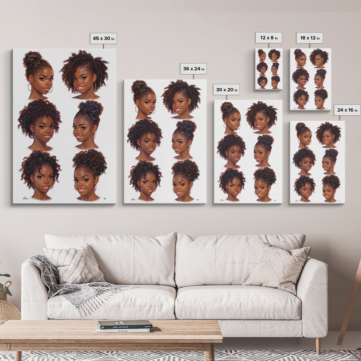 Six Black Women Hairstyle Portraits Wall Art, Afrocentric Beauty Print, Black Girl Magic Decor, Melanin Gift For Her, Home Decor