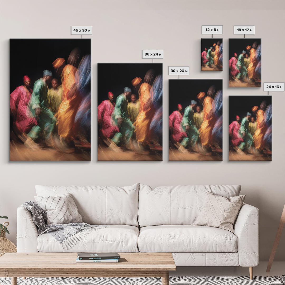 Colorful African Dancers In Flowing Robes Framed Canvas Print, Cultural Celebration Art, Vibrant Ethnic Wall Decor Gift Idea