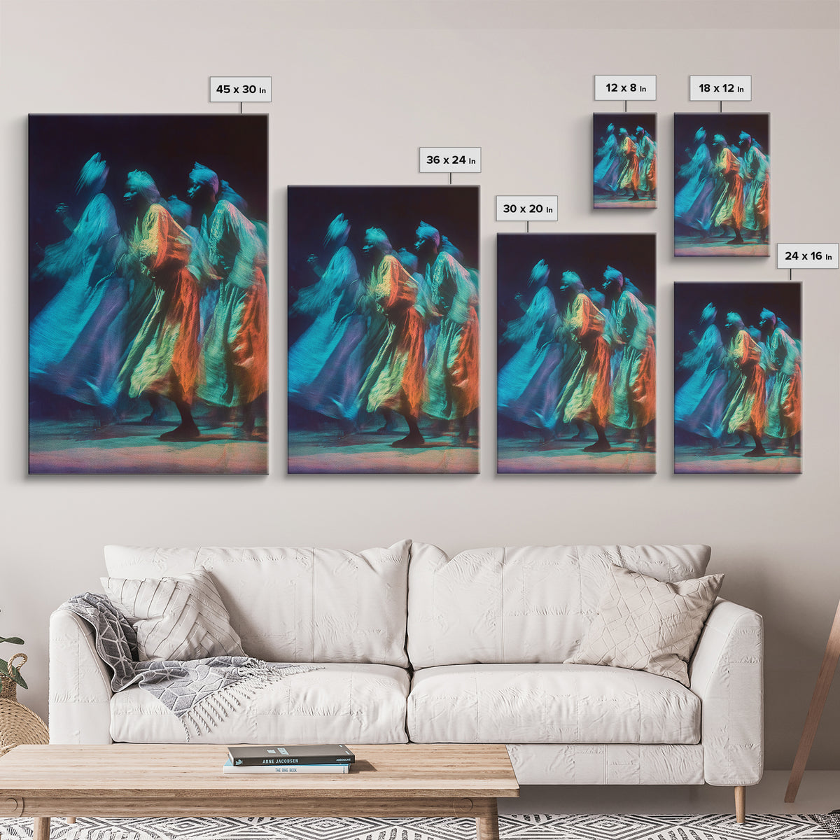 Blue And Orange African Robed Dancers Canvas Print, Spiritual Motion Art, Cultural Wall Decor, Vibrant Afrocentric Gift Idea