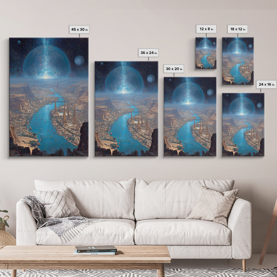 Afrofuturist Blue River City Under Planets Canvas Print, Sci Fi African Inspired Wall Art, Dreamy Landscape Home Decor Gift