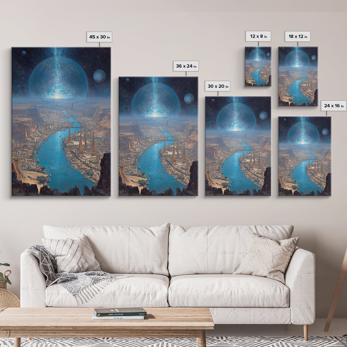 Afrofuturist Blue River City Under Planets Canvas Print, Sci Fi African Inspired Wall Art, Dreamy Landscape Home Decor Gift
