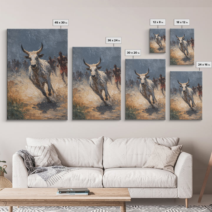 Charging White Bull And Dusty Runners Framed Canvas Print, African Warrior Art, Safari Cattle Race, Rustic Home Decor, Statement Wall Decor