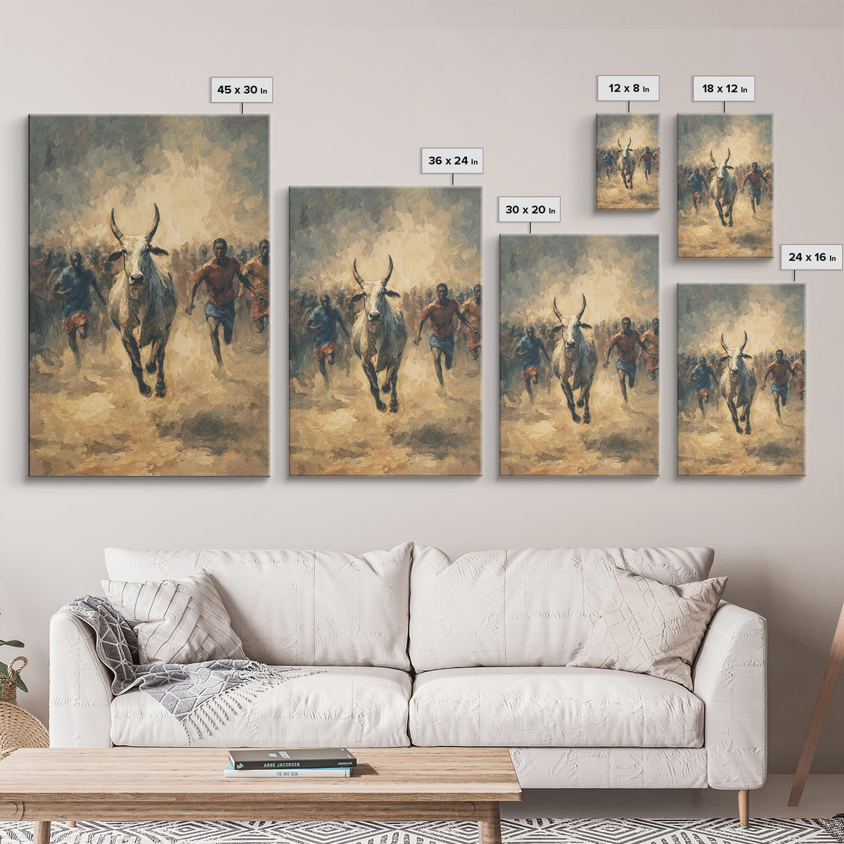 White Bull Racing Through Dust With Runners Framed Canvas Print, African Safari Art, Tribal Warrior Decor, Living Room Wall Art