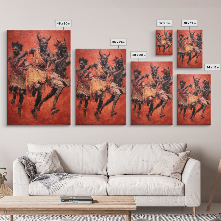Red Ochre Tribal Dancers With Horned Masks Canvas Print, African Warrior Art, Cultural Wall Decor, Expressive Home Decor