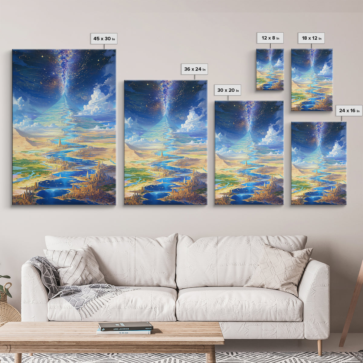 Celestial Pyramid City Beside Blue River Wall Art, African Egyptian Art, Afrofuturism Decor, Dreamy Spiritual Landscape Print