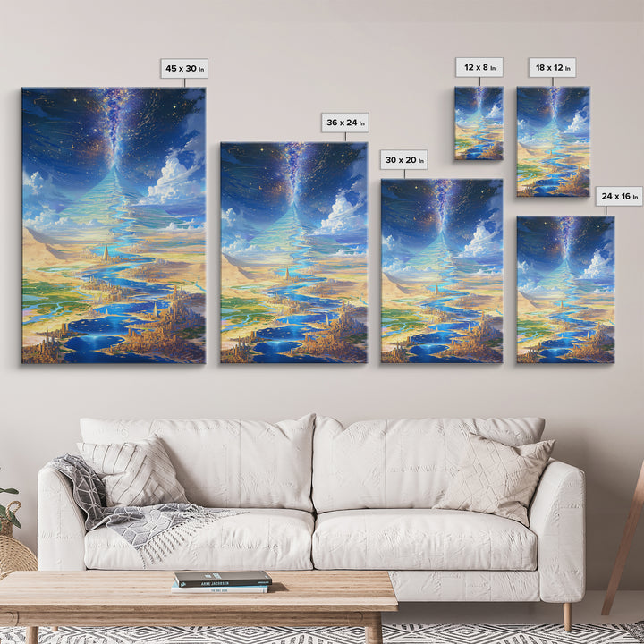 Celestial Pyramid City Beside Blue River Wall Art, African Egyptian Art, Afrofuturism Decor, Dreamy Spiritual Landscape Print