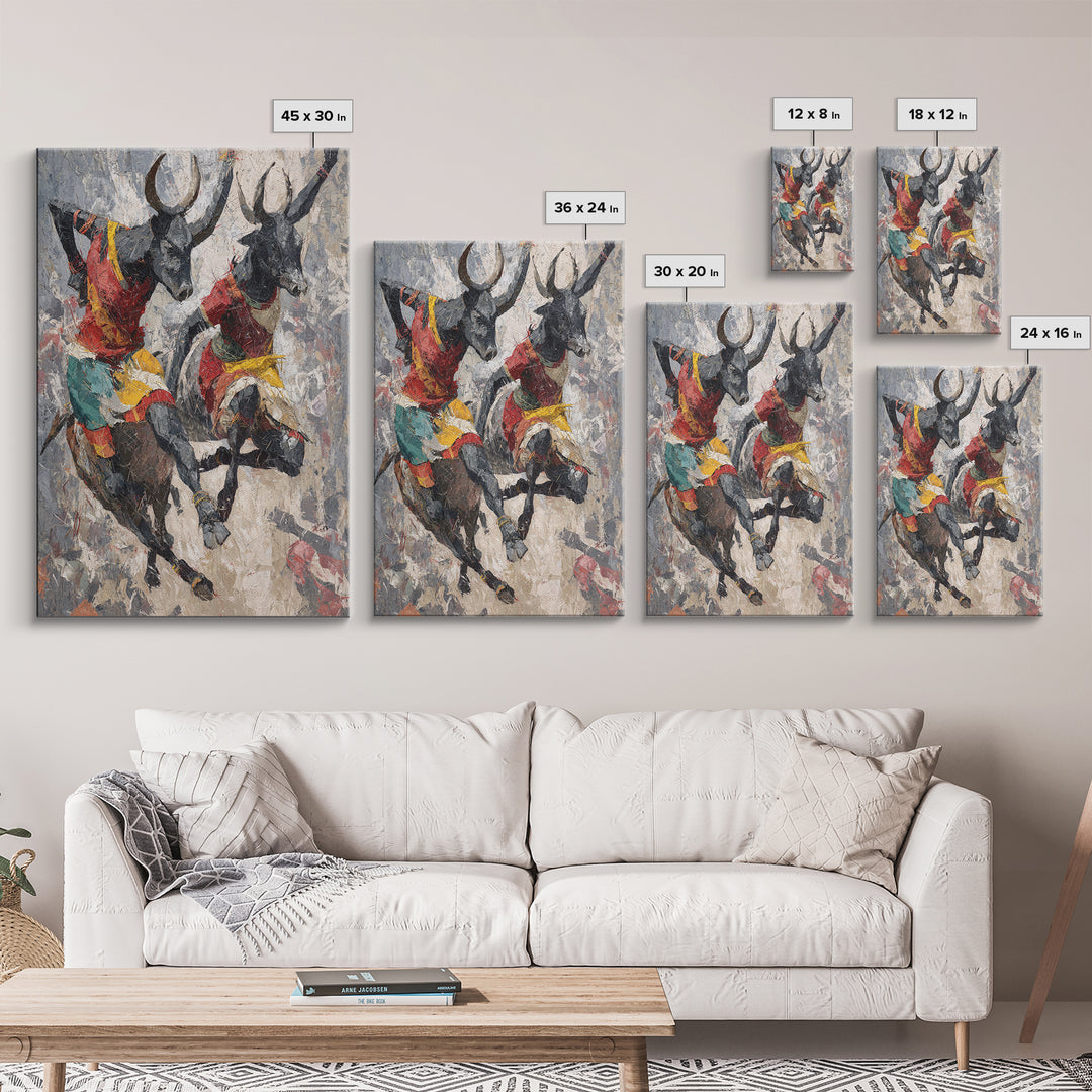 Colorful African Bull Riders Wall Art, Abstract African Art Print, Tribal Safari Decor, Cultural Living Room Canvas Gift