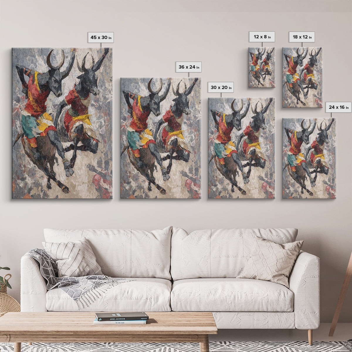 Colorful African Bull Riders Wall Art, Abstract African Art Print, Tribal Safari Decor, Cultural Living Room Canvas Gift