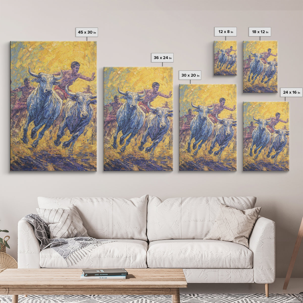 Charging Blue Bulls And Riders Canvas Print, Modern African Art, Warrior Safari Decor, Bold Cultural Wall Decor Gift For Him