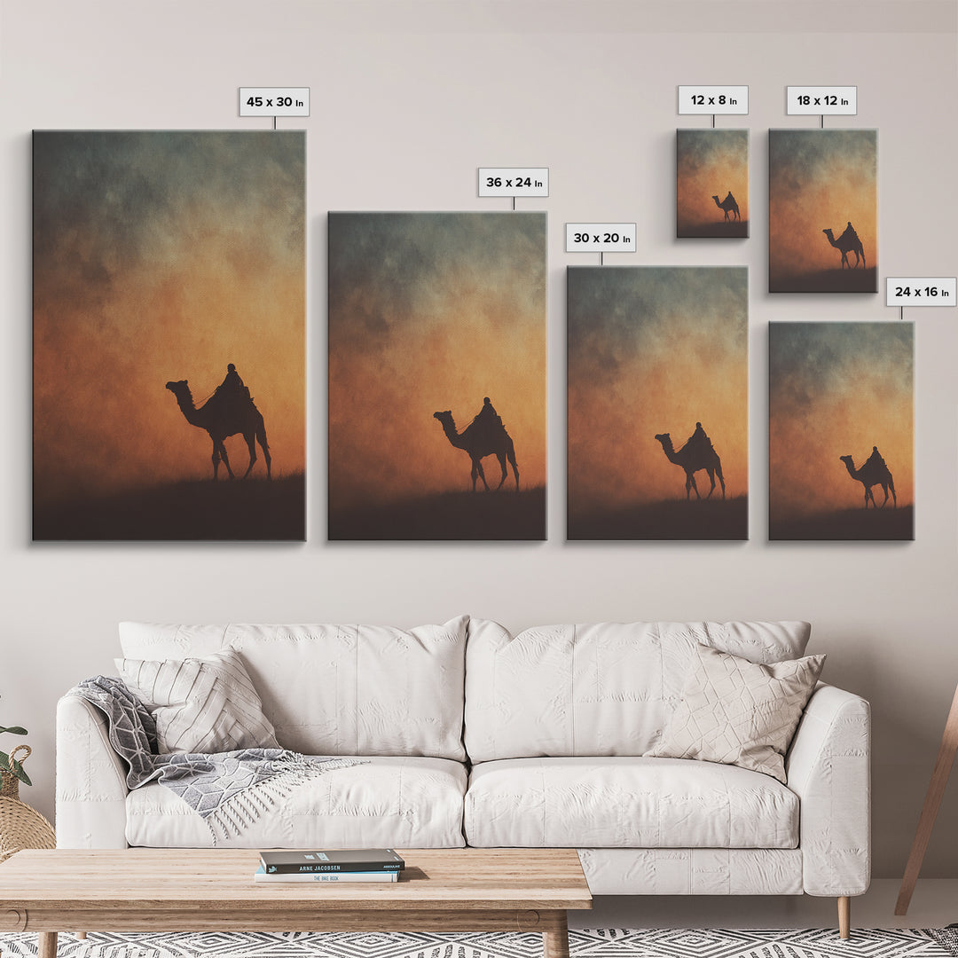 Solitary Camel Rider Wall Art, African Desert Sunset, Boho Safari Art Print, Earth Tone Bedroom Decor, Housewarming Gift