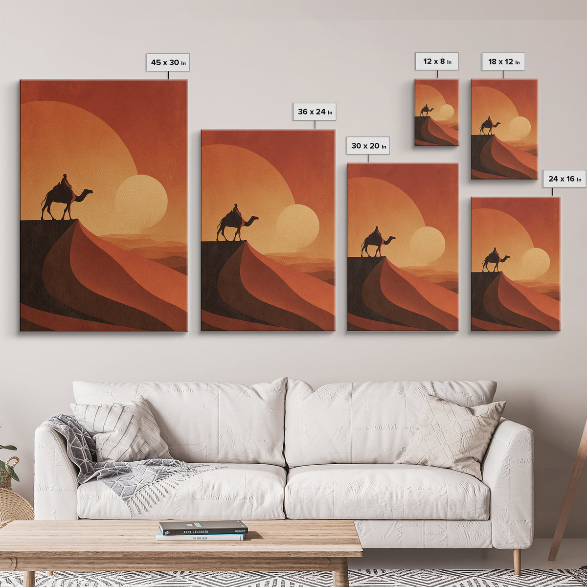 Minimalist Camel Rider Canvas Print, Orange Desert Sun Wall Art, African Travel Poster, Boho Home Decor, Unique Gift Idea