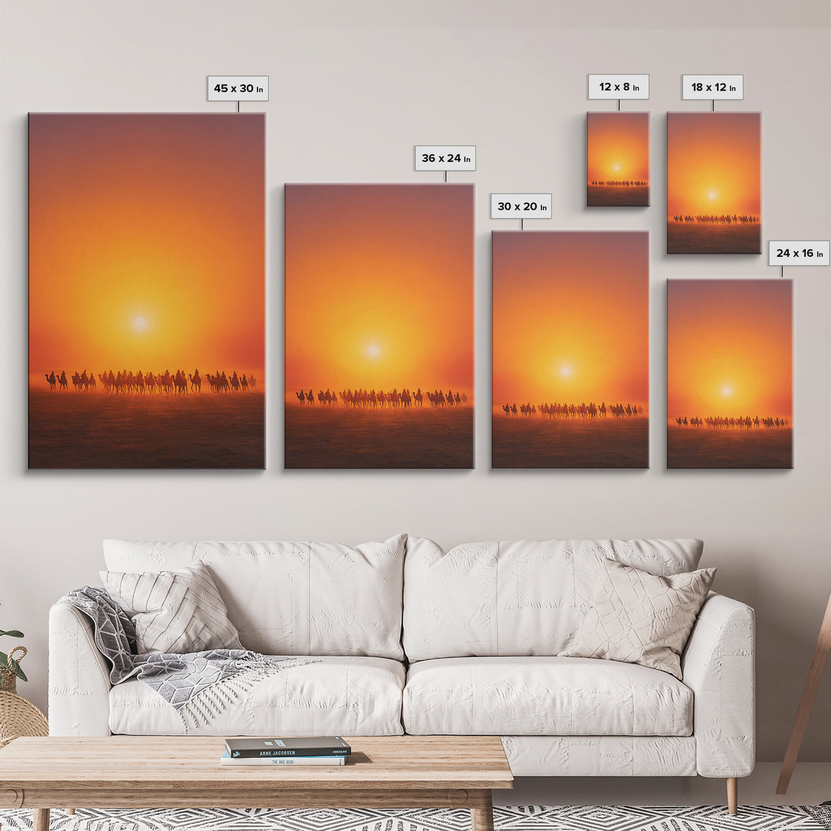 Sunset Camel Caravan Wall Art, African Safari Art, Orange Desert Landscape Poster, Statement Living Room Decor Gift For Him