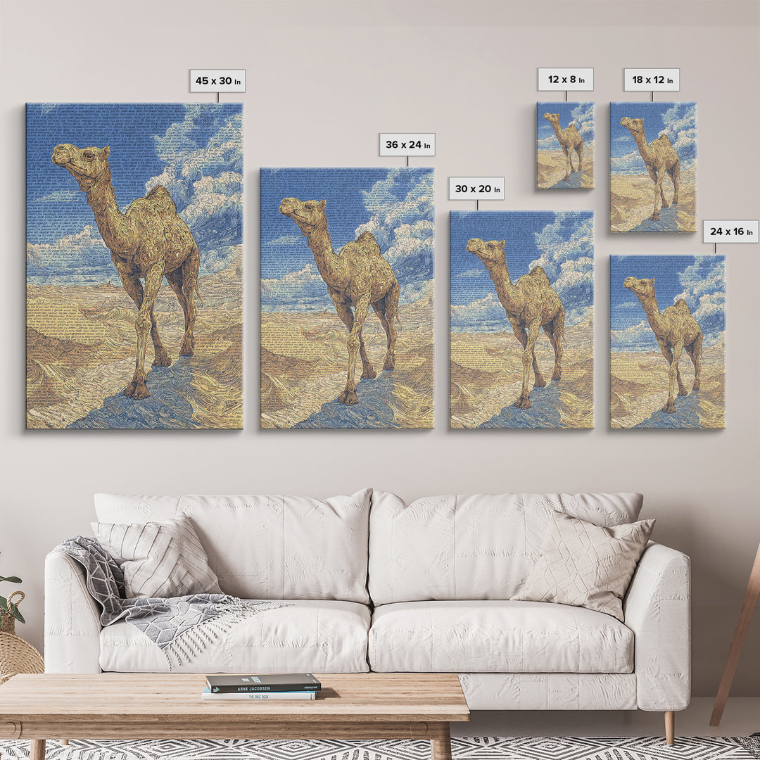 Detailed Camel Portrait Canvas Print, African Desert Landscape, Blue Gold Safari Art, Textured Art Print, Unique Wall Decor