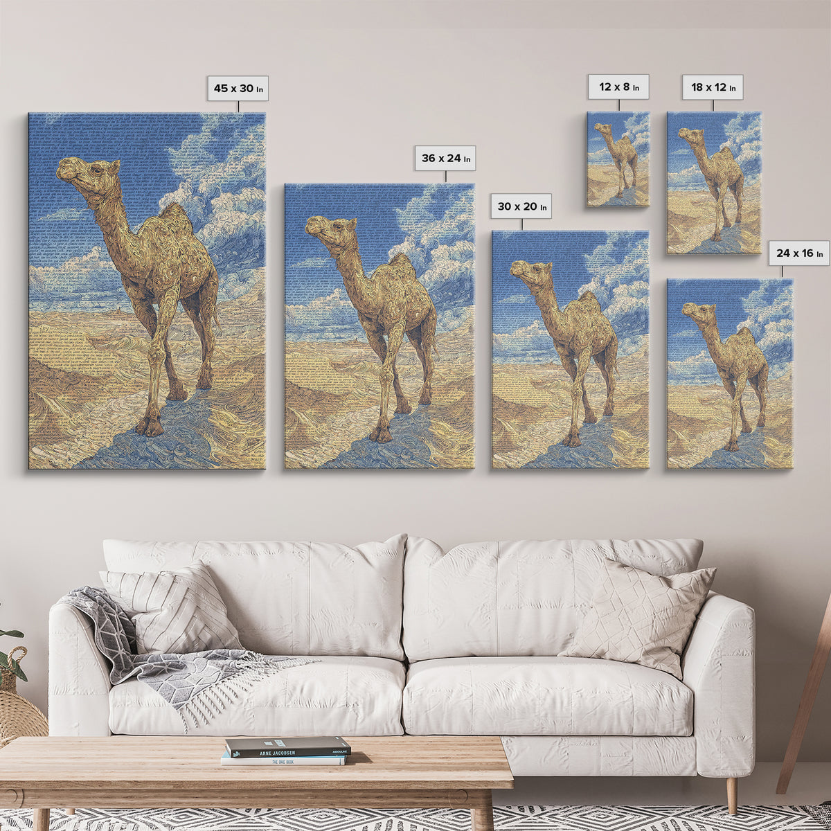Detailed Camel Portrait Canvas Print, African Desert Landscape, Blue Gold Safari Art, Textured Art Print, Unique Wall Decor