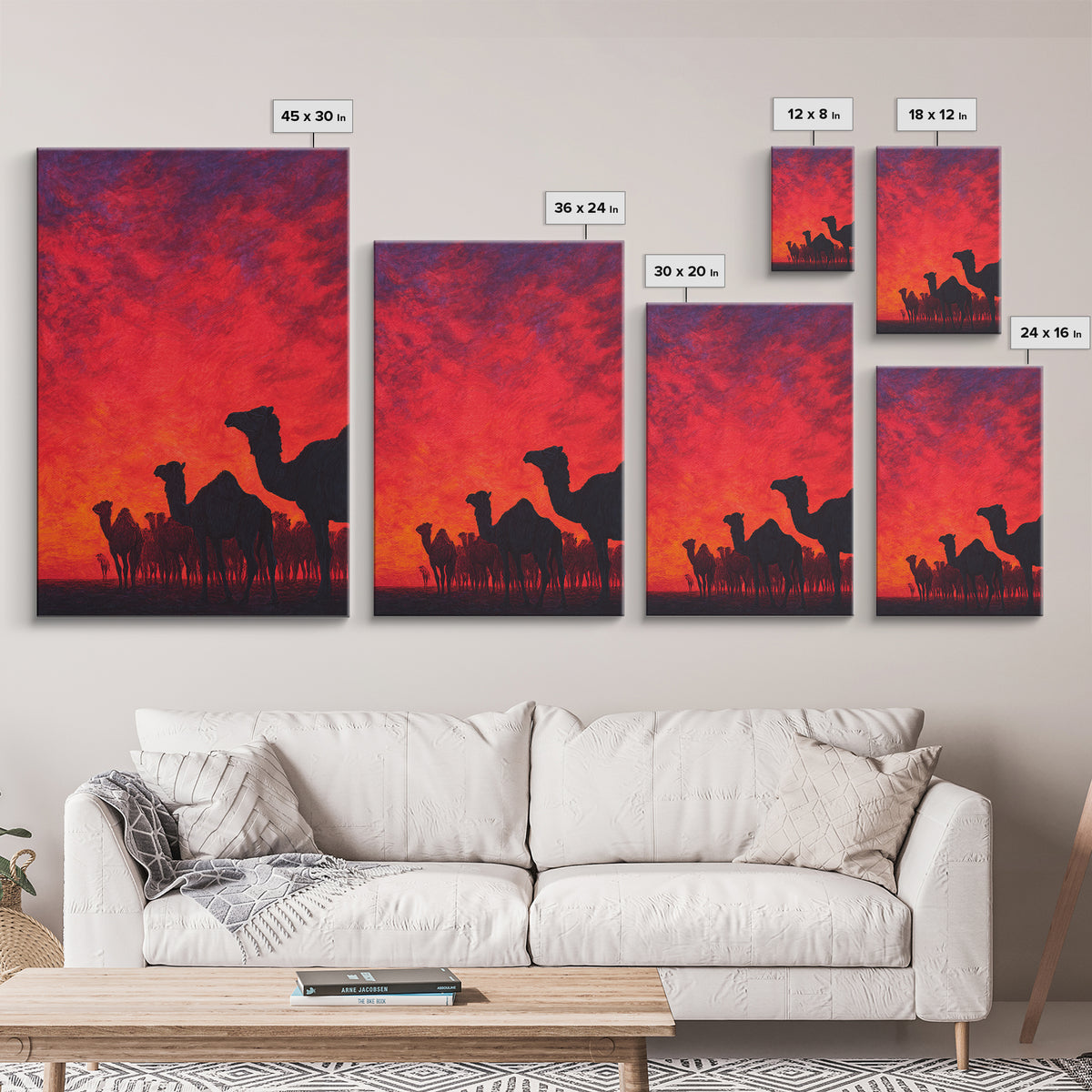 Fiery Red Camel Herd Wall Art, African Safari Art Print, Desert Sunset Poster, Bold Orange Home Decor, Statement Gift Set