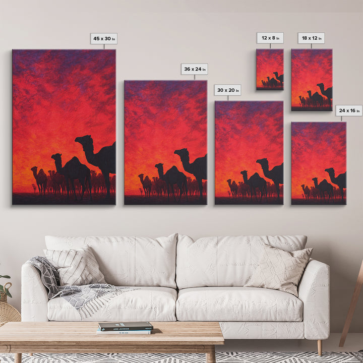 Fiery Red Camel Herd Wall Art, African Safari Art Print, Desert Sunset Poster, Bold Orange Home Decor, Statement Gift Set