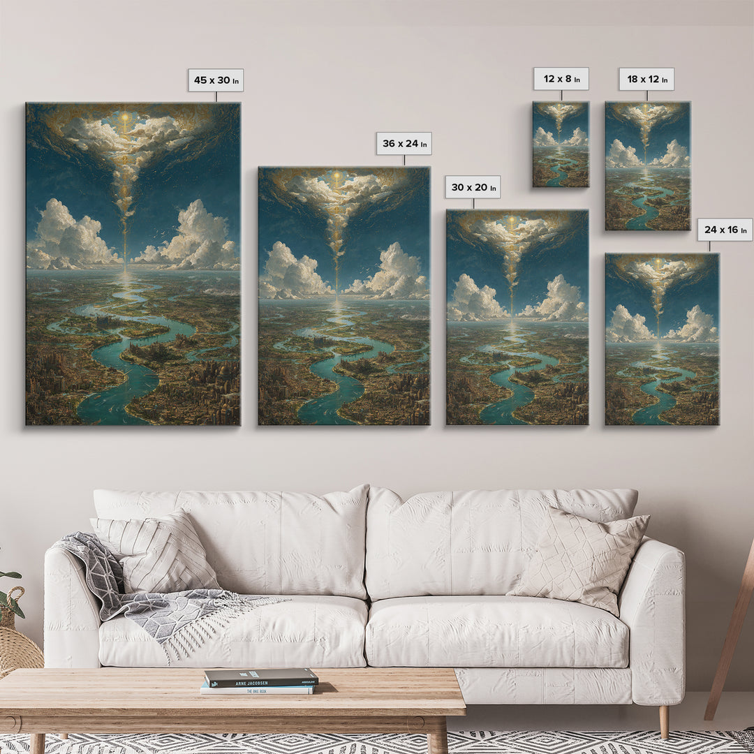 Celestial River City Under Radiant Clouds Wall Art, Dreamy Landscape Canvas Print, Spiritual Sky Decor, Large Home Art Gift