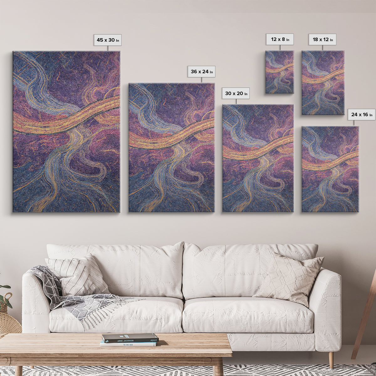 Flowing Purple Gold Abstract River Canvas Print, Textile Style Wall Art, Colorful Modern Decor, Boho Living Room Art Gift