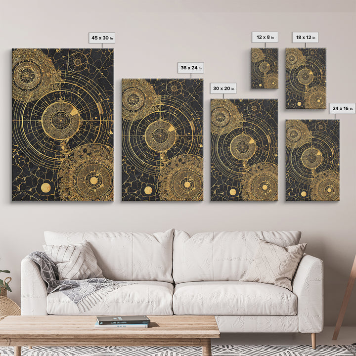 Gold Astronomical Circles On Black Stone Wall Art, Celestial Abstract Canvas Print, Luxury Geometric Decor, Modern Office Art