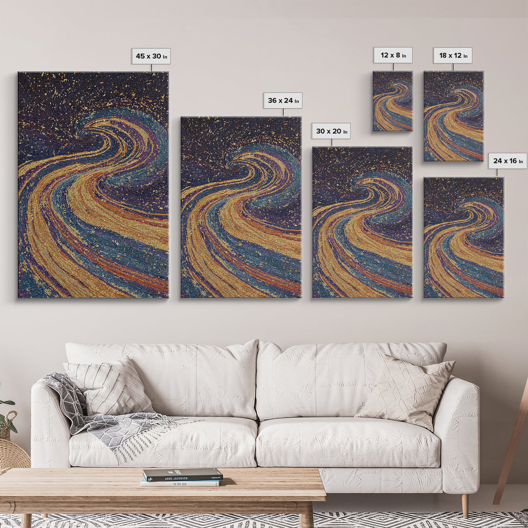 Swirling Gold Blue Cosmic River Canvas Print, Abstract Wall Art, Dreamy Galaxy Decor, Modern Boho Living Room Art Gift Poster