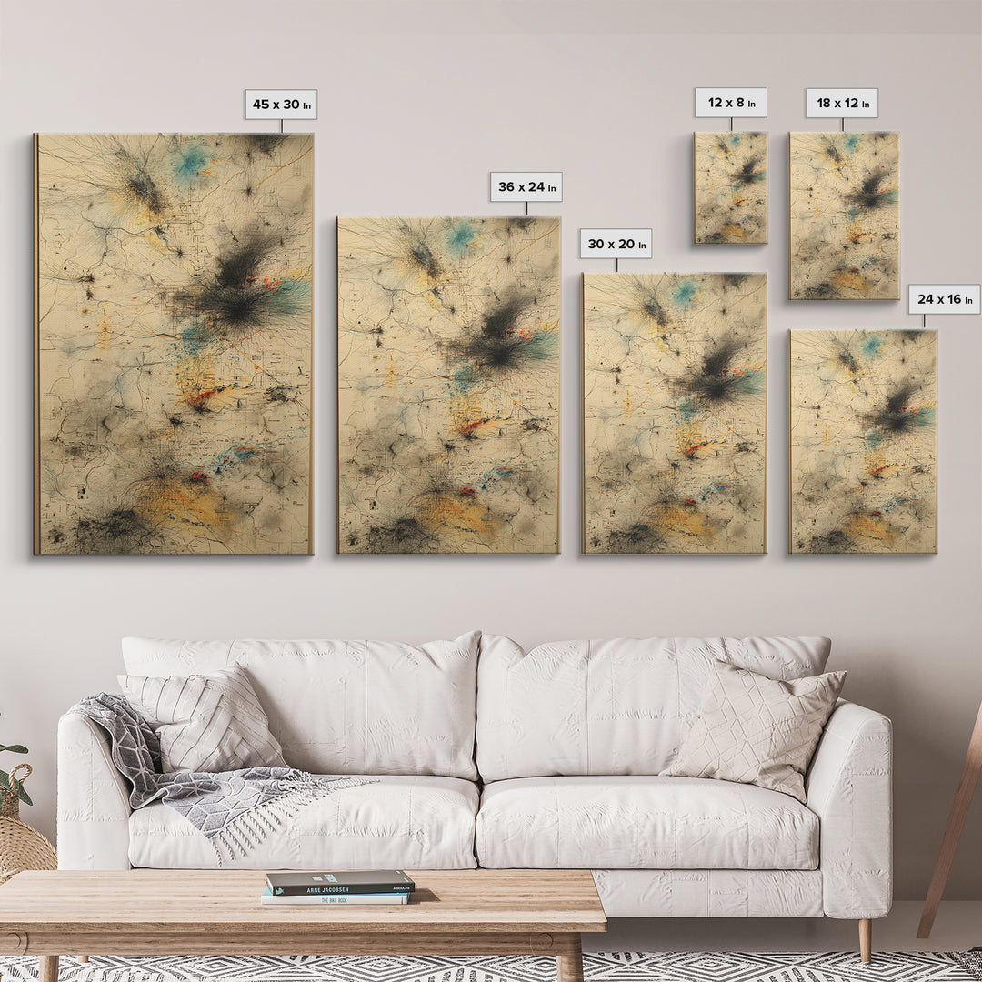 Smoky Beige Network Map Canvas Print, Abstract African Art Decor, Modern Office Wall Decor, Teal Black Gold Line Artwork
