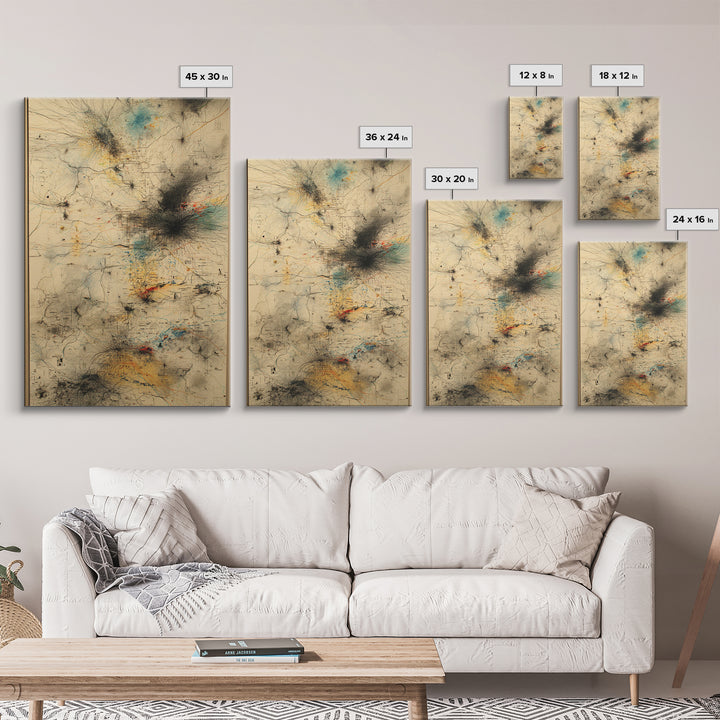 Smoky Beige Network Map Canvas Print, Abstract African Art Decor, Modern Office Wall Decor, Teal Black Gold Line Artwork