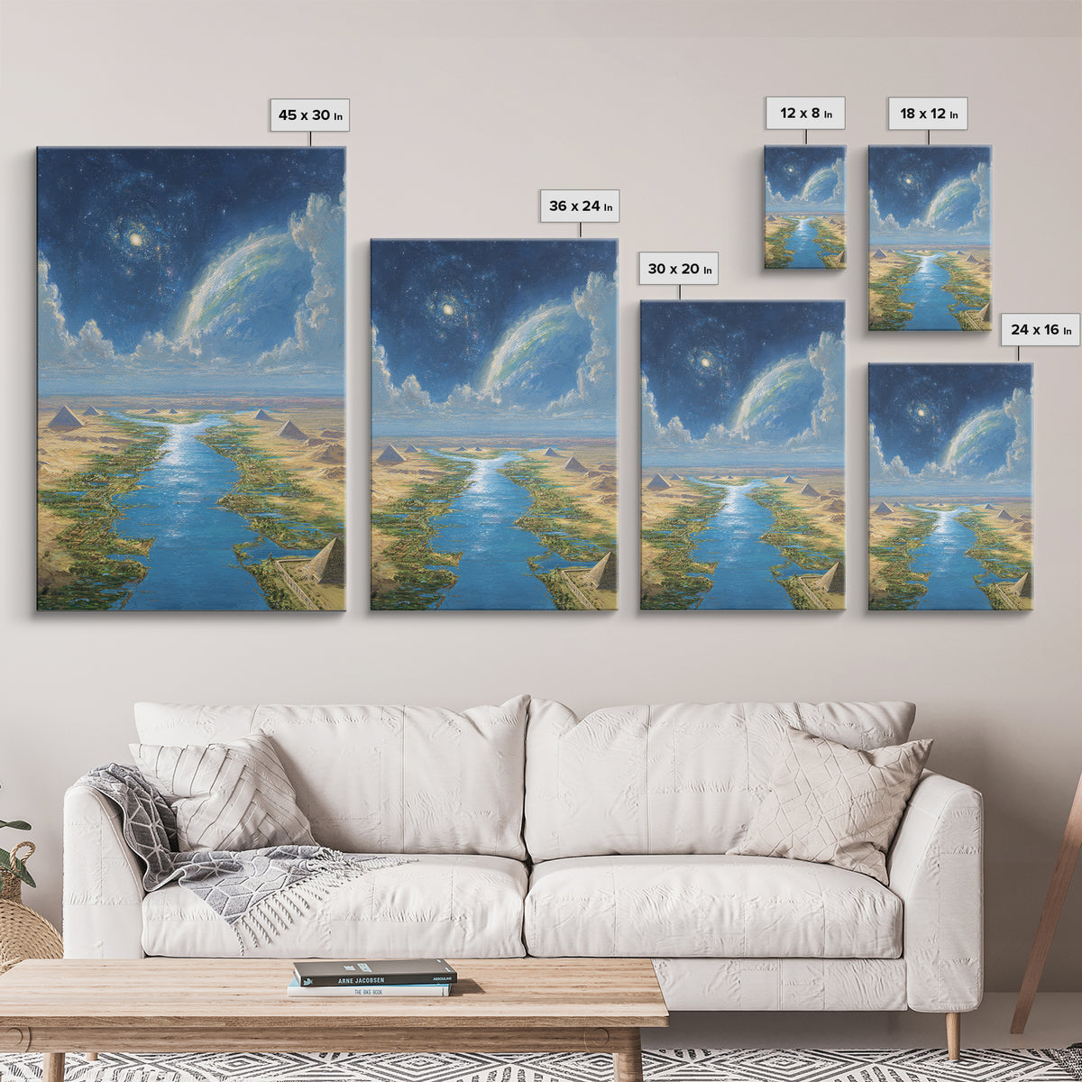 Cosmic Nile Pyramids Landscape Framed Canvas Print, African Egyptian Art, Desert River Wall Decor, Mystical Ancient Artwork