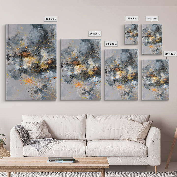 Stormy Gray Gold Network Canvas Print, Abstract African Art Decor, Modern Office Wall Art, Industrial Geometric Line Artwork