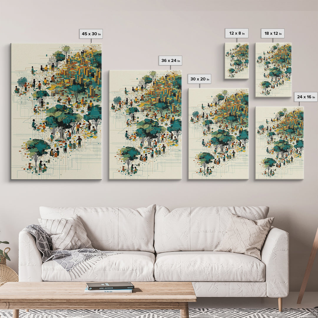 Vibrant African City Community Wall Art, Afrocentric Urban Landscape, Black Culture Art, Modern Teal Gold Decor Canvas Print