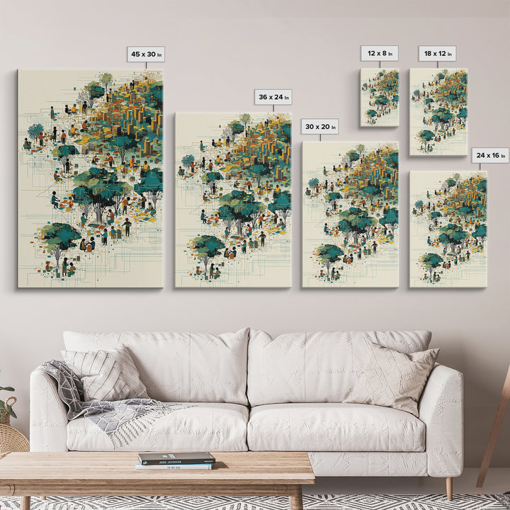Vibrant African City Community Wall Art, Afrocentric Urban Landscape, Black Culture Art, Modern Teal Gold Decor Canvas Print