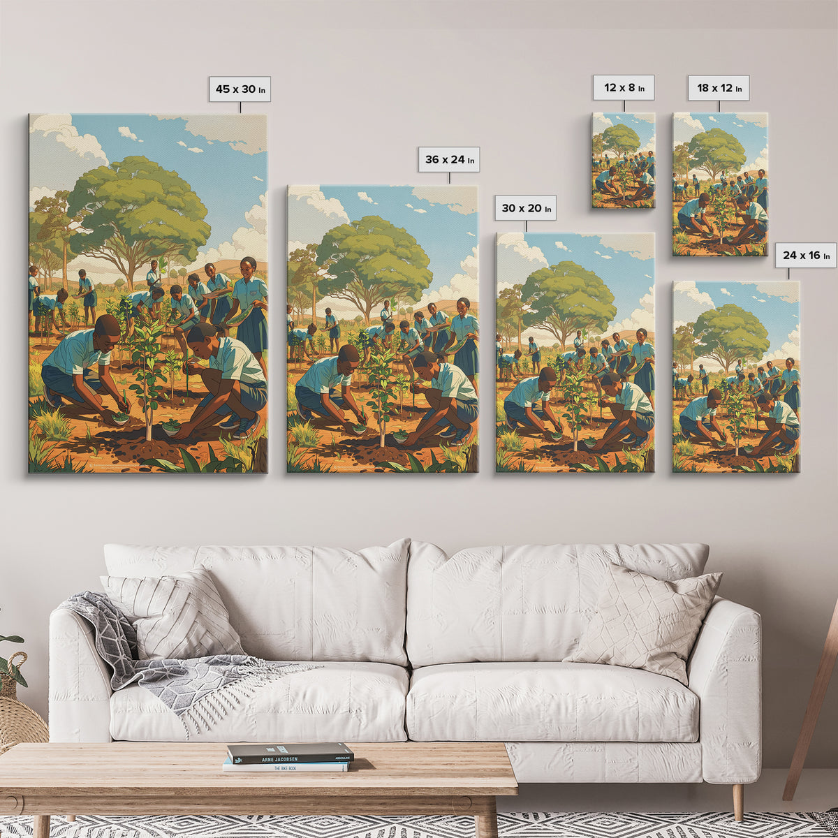 African School Garden Tree Planting Framed Canvas Print, Black Children Art, Community Nature Scene, Cultural Wall Decor