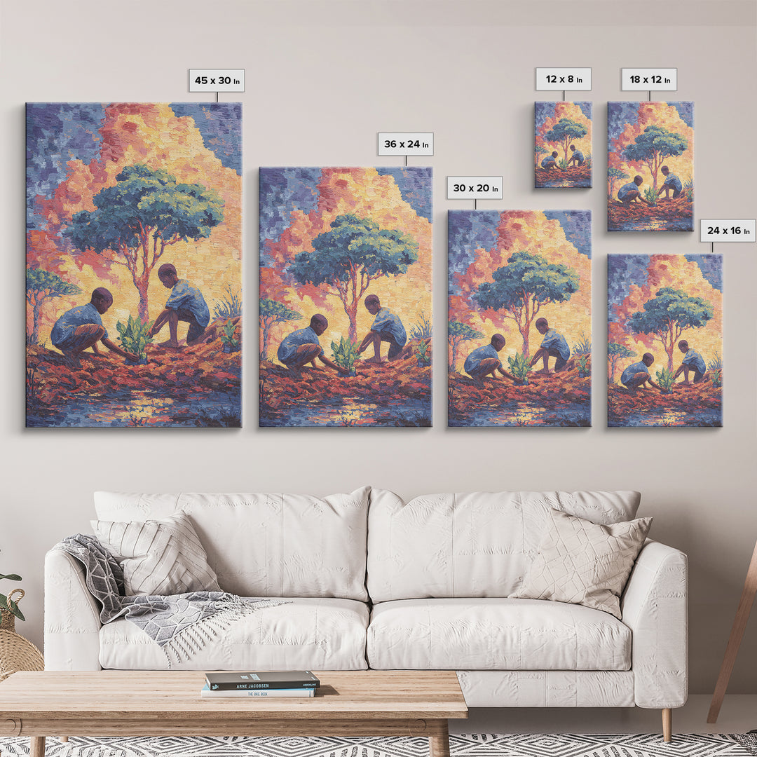 Two Boys Plant Saplings By River Under Acacia Tree Wall Art, African Landscape, Afrocentric Decor, Earth Tone Home Decor
