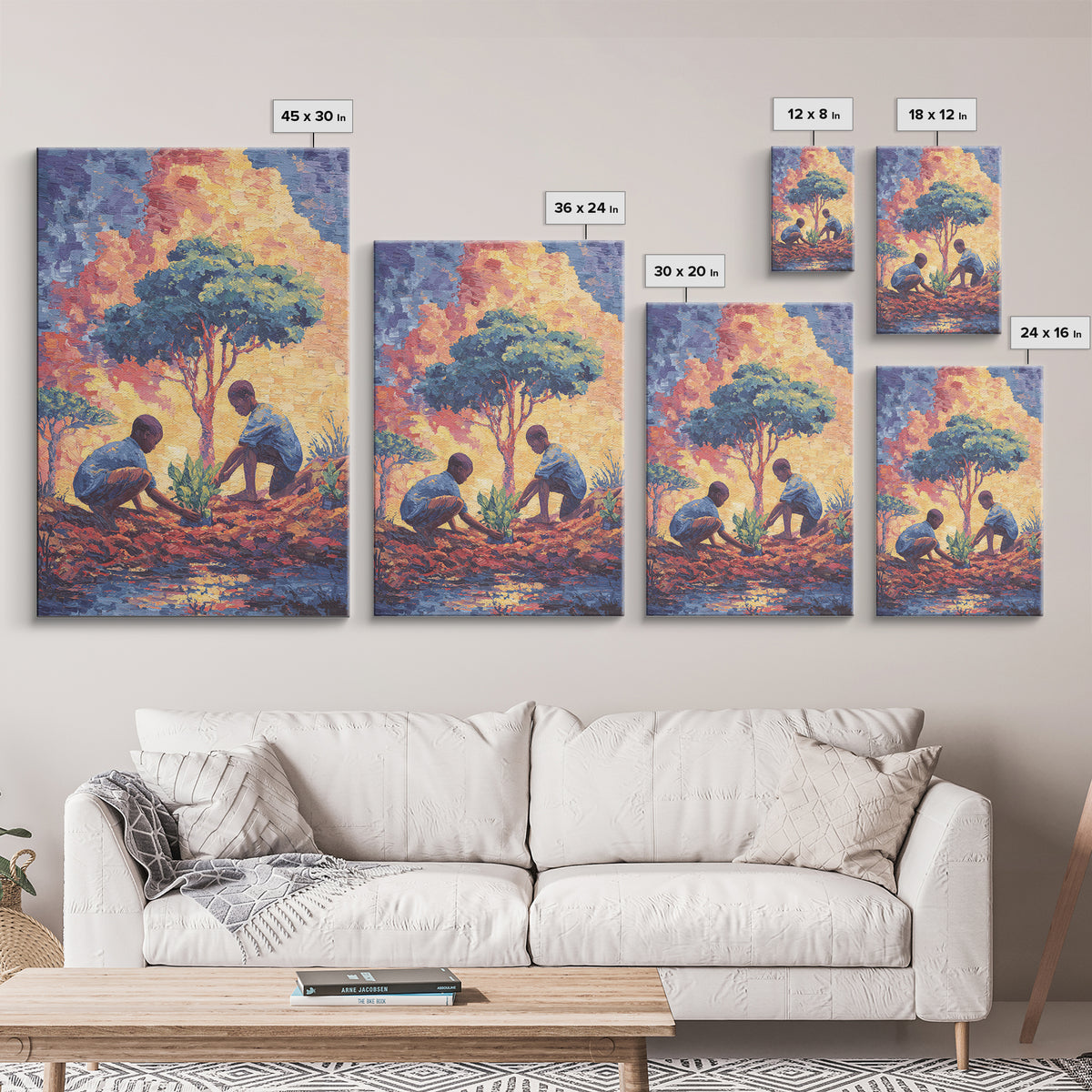 Two Boys Plant Saplings By River Under Acacia Tree Wall Art, African Landscape, Afrocentric Decor, Earth Tone Home Decor