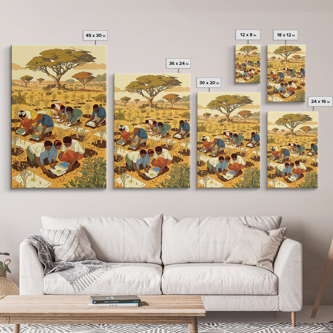 Children Planting Saplings In Golden Savanna Canvas Print, African Safari Art, Classroom Decor, Cultural Artwork Gift For Kids