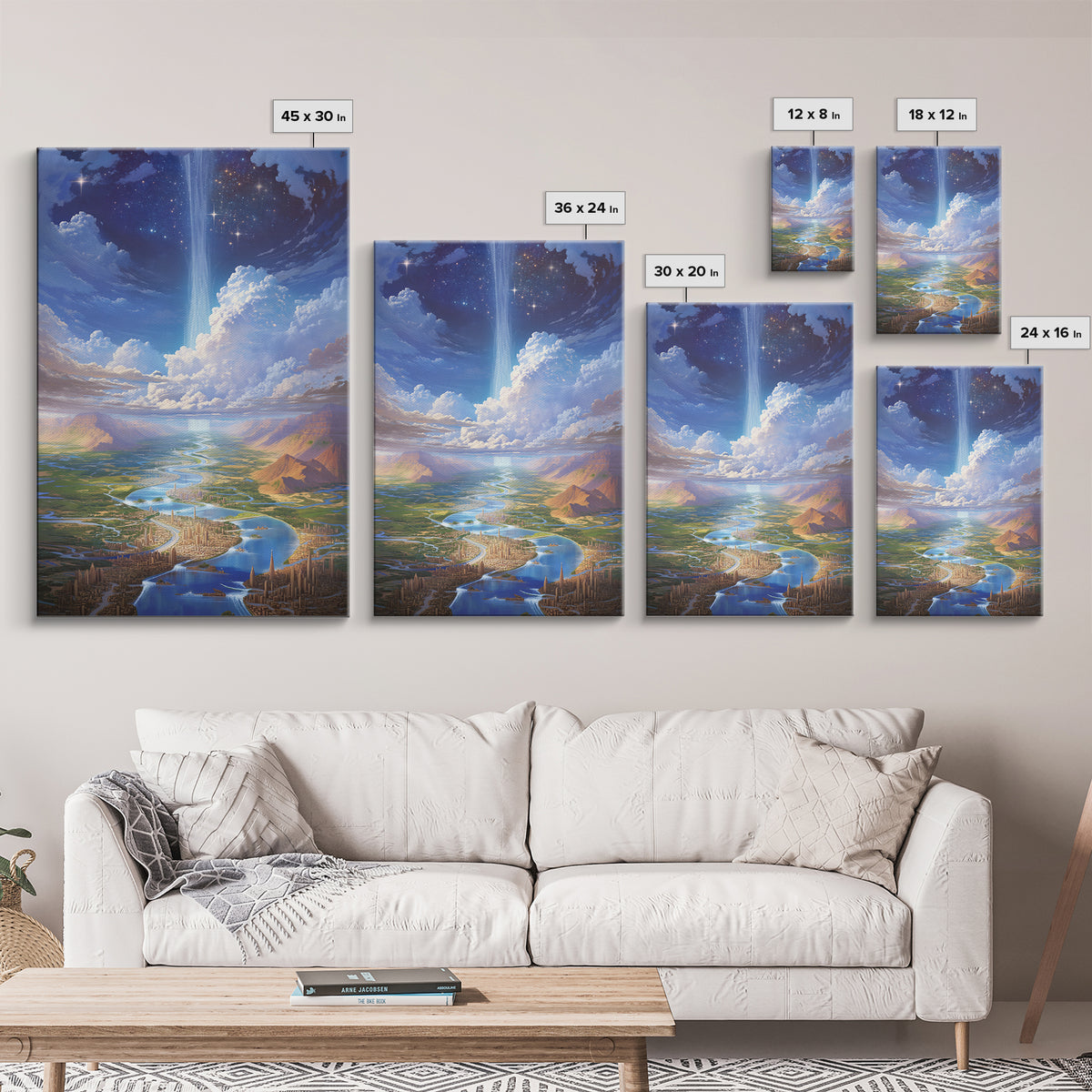 Celestial River City With Starry Waterfall Canvas Print, Dreamy Wall Art, Blue Home Decor Gift, Large Decor Art, Statement Wall Art