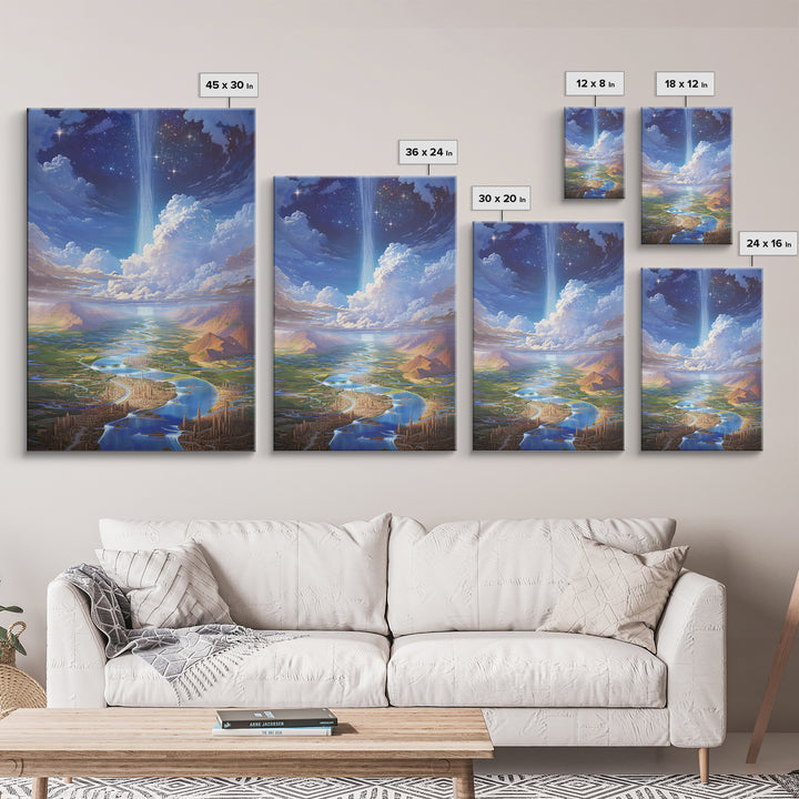 Celestial River City With Starry Waterfall Canvas Print, Dreamy Wall Art, Blue Home Decor Gift, Large Decor Art, Statement Wall Art