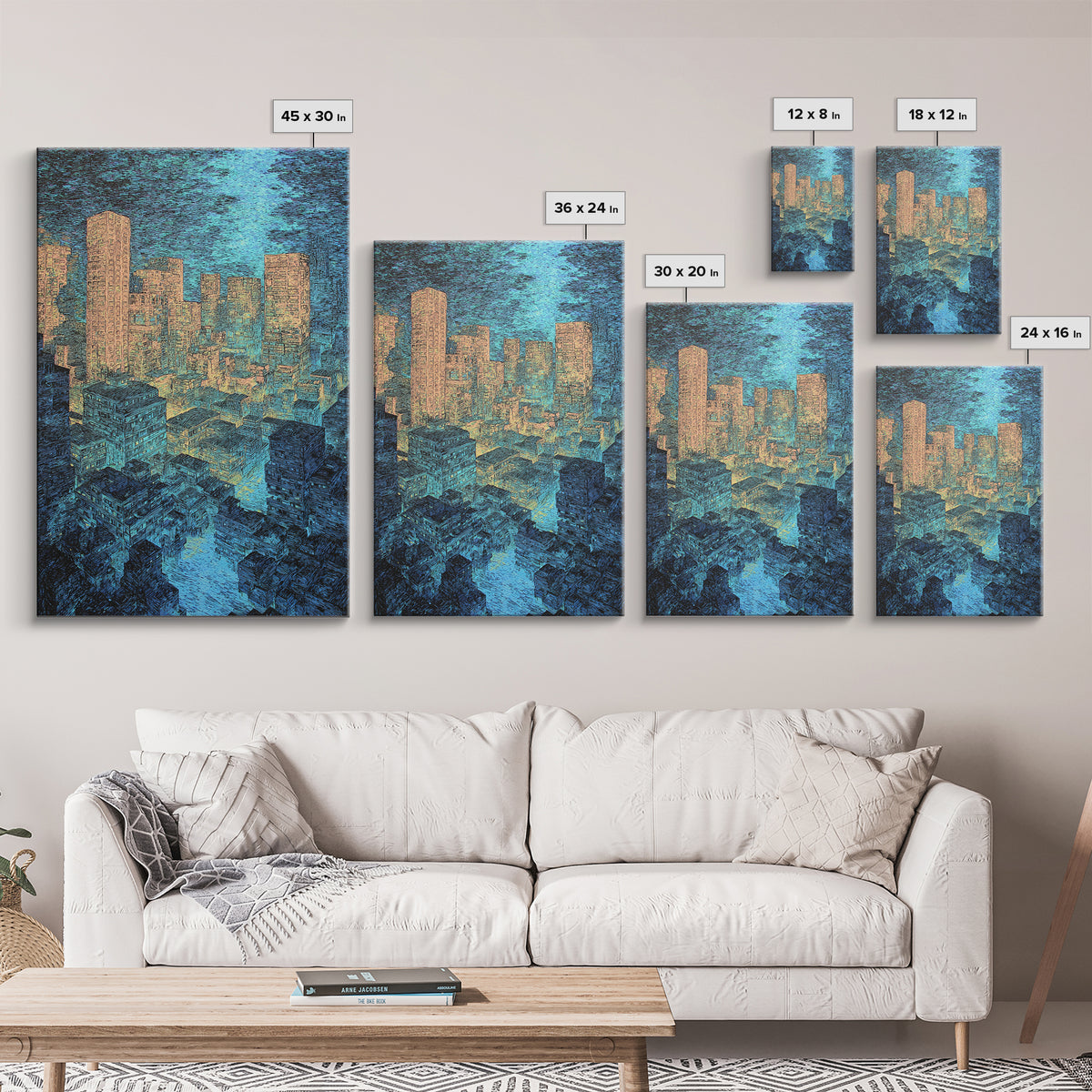 Textured Blue Gold City Skyline Wall Art, Modern Urban Office Decor, Contemporary Canvas, Luxury Canvas Art Print, Large Wall Art Prints