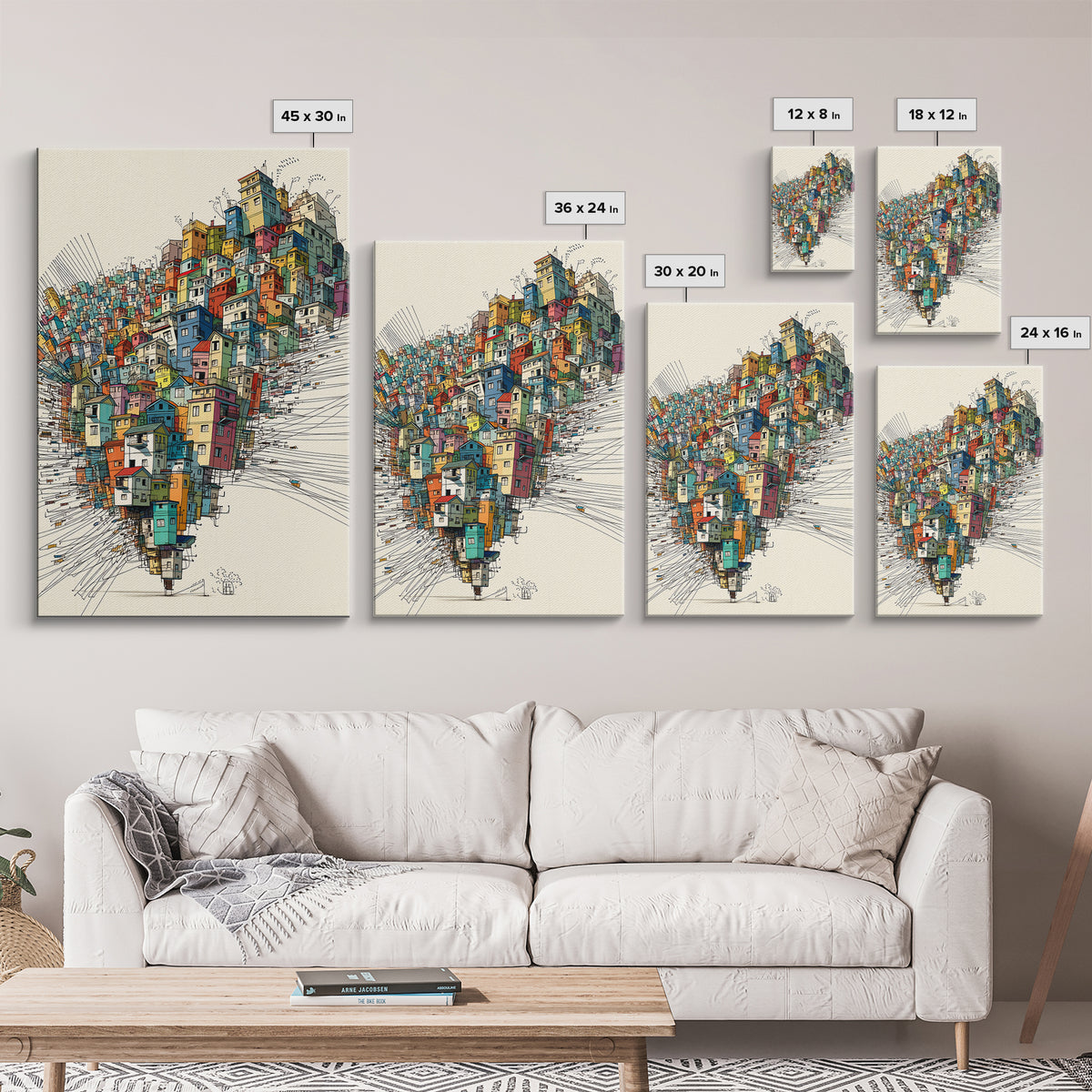 Stacked Colorful Hillside Houses Framed Canvas Print, Urban Wall Art, Geometric Design, Bold Home Decor Gift, Statement Wall Art