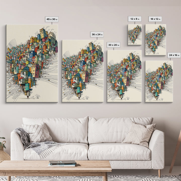 Stacked Colorful Hillside Houses Framed Canvas Print, Urban Wall Art, Geometric Design, Bold Home Decor Gift, Statement Wall Art