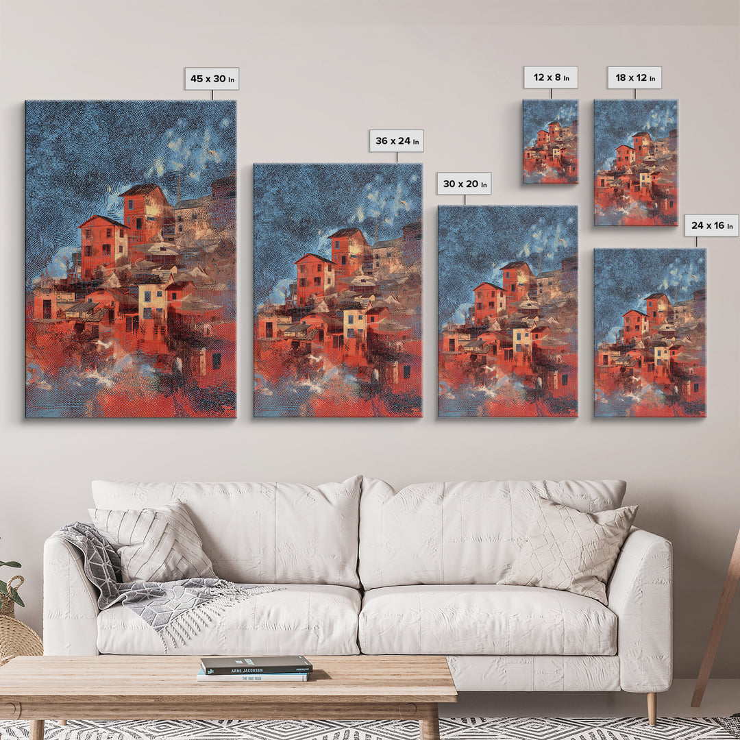 Red Hillside Village At Starry Night Canvas Print, Cozy Winter Wall Art, Rustic Decor, Unique Home Decor Gift, Orange Blue Painting