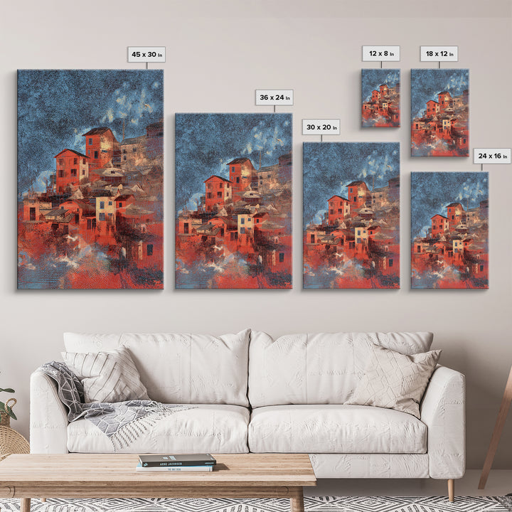 Red Hillside Village At Starry Night Canvas Print, Cozy Winter Wall Art, Rustic Decor, Unique Home Decor Gift, Orange Blue Painting