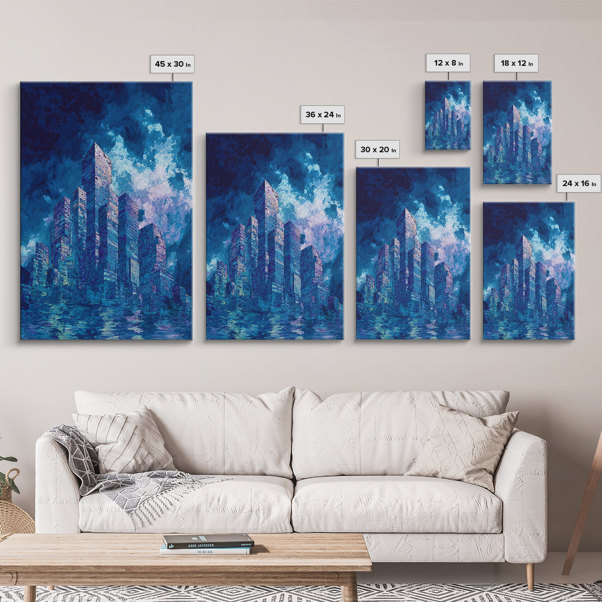 Blue Futuristic Skyline Framed Canvas Print, Modern City Wall Decor, Urban Architecture Art, Luxury Canvas Art For Office
